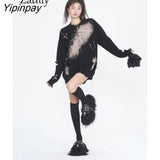 Yipinpay 2023 Winter Streetwear Frayed Tie Dye Sweater Women Long Sleeve Korean Style O Neck Loose Knit Pullovers Female Clothing