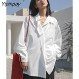 Yipinpay Minimalist Style Long Sleeve White Shirt Women Oversize Button Up Pocket Ladies Blouse 2023 Summer Work Female Clothing