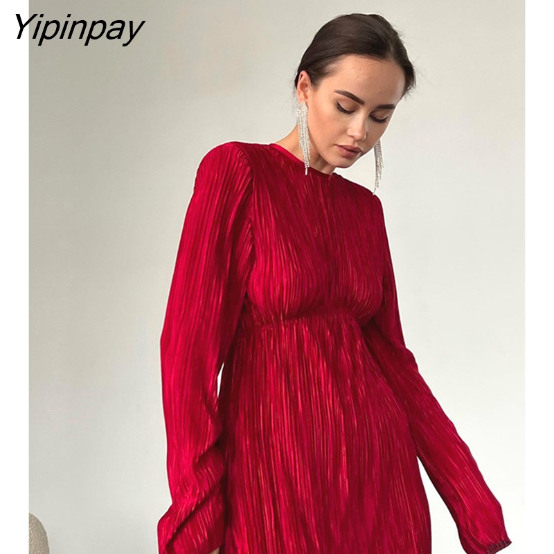 Yipinpay 2023 Spring New Sexy Full Sleeve Women Long Pleated Dress Elegant Solid Color Slim Waist Backless Party Woman Dresses