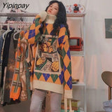 Yipinpay Winter Harajuku Oversize Turtleneck Women's Streetwear Cartoon Patchwork Argyle Knit Women Pullover Y2K Loose Clothes Tops