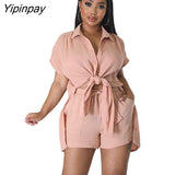 Yipinpay Women Casual Solid Shorts Two Piece Set Short Sleeve Blouse Drawstring Shorts Suit 2023 Summer Lady Fashion Streetwear Outfit