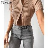 Yipinpay Women Knit Ribbed Crop Tops Sexy Button Up T Shirt 2023 New Summer Black White Cardigan Knitwear Basic Short Tees Bodycon Tops