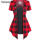Yipinpay Plaid Print Mock Button Casual Faux Twinset T Shirt Combo Women 2 in 1 Tee Twofer Summer High Waist Fashion T-Shirts