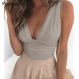 Yipinpay Women Summer Fashion Sexy Solid Plunge Ruched Casual Tank Top Crop Slim Sleeveless Skinny
