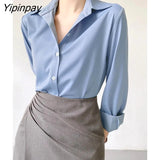 Yipinpay 2023 Summer New Office Lady Long Sleeve Silk Basic Shirt Women Button Up Solid Blouse Fashion Work Female Clothing Tops