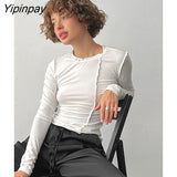 Yipinpay Solid Stripe Slim Basic Shirt Casual Women O Neck Long Sleeve Bottom Tees Spring Female Chic Street Skinny Blouse 2023