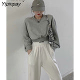 Yipinpay 2023 Winter Minimalist Slim Waist Women Sweatshirt Korean Style O Neck Long Sleeve Ladies Crop Tops Hoodies Female Tops