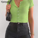 Yipinpay Knitted Ribbed Crop Tops For Women T Shirts Summer 2023 Streetwear Button Up Black Green Tees Sexy Bodycon Short Tops