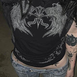 Yipinpay Summer Slim Fit Tees Tops Streetwear Gothic Punk E-girl Harajuku Graphic Print T-shirt emo Women Vintage Crop Top Y2K