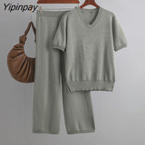 Yipinpay Two Piece Loose Set Women Slit Tops And Straight Leg Pants High Waist Streetwear 2023 Summer Knitwear Baggy Outfits Sets