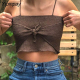 Yipinpay Sexy Drawstring Knitted Short Camis Women Corset Crop Top Summer Camis Streetwear Basic Vest Green Knitting Bodycon Tops