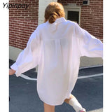 Yipinpay Minimalist Style Oversize Long Sleeve White Shirt Women Button Solid Turn-Down Collar BF Shirts Blouse 2023 Summer Tops