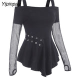 Yipinpay Women Casual T Shirts Cold Shoulder Lace-Up Front Ribbed T-Shirt Solid Color Long Sleeve Female Fashion Tops Tee