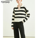 Yipinpay 2023 Winter Office Lady Turn Down Collar Striped Polo Sweaters Women Korea Style Long Sleeve Loose Pullovers Female Tops