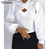 Yipinpay 2023 Spring New Office Lady Long Sleeve Women Whiter Shirt Patchwork Solid Hollow Out Woman Crop Tops Blouse Work Female