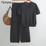 Yipinpay Two Piece Loose Set Women Slit Tops And Straight Leg Pants High Waist Streetwear 2023 Summer Knitwear Baggy Outfits Sets