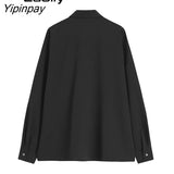Yipinpay 2023 Spring Streetwear Long Sleeve Black Shirt Blouse Women Gothic Butterfly Chain Button Up Oversize Shirts Loose Tops