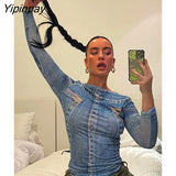 Yipinpay Women's Casual Imitation Denim Print Blouse Female Fashion O Neck Long Sleeve Tee Shirts Spring Y2K Harajuku Tops Streetwear