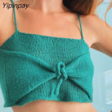 Yipinpay Sexy Drawstring Knitted Short Camis Women Corset Crop Top Summer Camis Streetwear Basic Vest Green Knitting Bodycon Tops