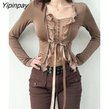 Yipinpay 2023 Summer Y2K Long Sleeve Ruffles Women Shirt Button Up Patchwork Slim Ladies Crop Tops Blouse Party Female Clothing