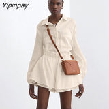 Yipinpay Linen Two Piece Baggy Shirts Set Women Loose Blouse Tops And Shorts High Waist Streetwear 2023 Summer White Outfits Sets