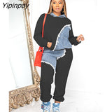 Yipinpay Women Patchwork Denim Panel Tracksuit Set Long Sleeve Hooded Sweatshirt Running Pants Suit 2023 Autumn Fashion Casual Sportswear