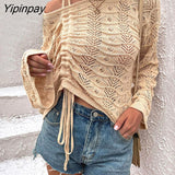Yipinpay Sexy Drawstring Ruched Knit Tops Women Pullover Sweater Female Jumper Flare Sleeve Hollow Out Asymmetrical Loose Sweaters