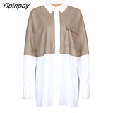 Yipinpay 2023 Spring New Patchwork Full Sleeve Pu Women White Long Shirt Streetwear Oversize Button Woman Tunic Blouse Female Tops