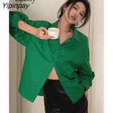 Yipinpay 2023 Autumn Office Lady Long Sleeve Green Shirt Women Korean Style Loose Button Up Tunic Blouse Work Female Clothing Tops