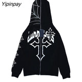 Yipinpay Men Y2K Fashion Hoodie Rhinestones letter graphics Print Zip Hoodie clothes Hoodies Goth Long Sleeve Sweatshirt Oversized Top
