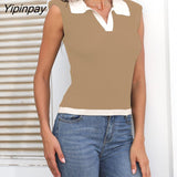 Yipinpay Patchwork Knitted Tops Women Skinny T Shirt Summer Sleeveless Turndown Collar Black White Basic Tees Sexy Knitting Tops