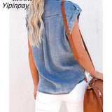 Yipinpay Blue Denim Shirt Women Tops And Blouses With Pockets Streetwear Short Sleeve Turndown Collar Button Up Sexy Jean Shirts