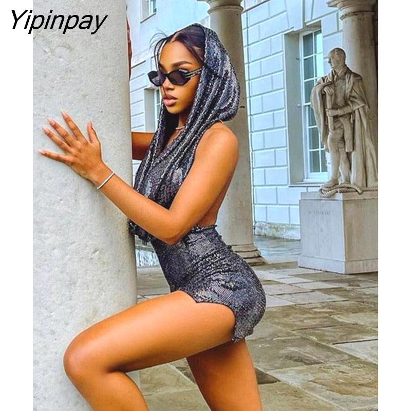 Yipinpay Sequin Hooded Backless Halter Dress For Women Fashion Solid Sleeveless Slit Mini Dresses 2023 High Street Swing Collar Robe