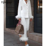 Yipinpay With Feather Blazer And Straight Pants Suits Women Fashion Furry Tailored Collar Shirts Trousers Two Piece Set Lady Outfit