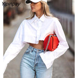 Yipinpay 2023 Spring Streetwear Long Sleeve Cotton Asymmetrical CottoWomen White Shirt Sexy Button Woman Crop Tops Female Blouse