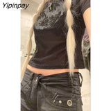 Yipinpay 90s T-shirt Female Black Millennium Crop Tops Streetwear Short Sleeve Women Short Crop Top Y2K Harajuku Graphic Tee Punk