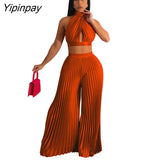 Yipinpay Women Casual Solid Pleated 2 Piece Set Sexy Halter Bra And Wide Leg Pants Suits 2023 Spring Cropped Lace Up Vest Trousers Outfit