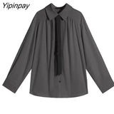 Yipinpay 2023 Autumn Office Lady Long Sleeve Tie Shirt Women Korean Style Button Up Loose Tunic Blouse Work Female Clothing Tops