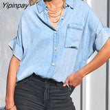 Yipinpay Women Loose Denim Shirt Sexy Tops And Blouses With Pockets Streetwear Turndown Collar Button Up Cardigan Blue Jean Shirts