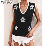 Yipinpay Women Knitted Vest Floral Top Sexy Mujer Streetwear Summer 2023 New In Knitwears Sleeveless V Neck Black Knit Tank Tops