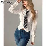 Yipinpay 2023 Summer Office Lady Long Sleeve Women White Shirt Korean style Slim Tie Button Ladies Blouse Work Female Clothing Top