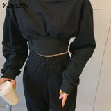 Yipinpay 2023 Winter Minimalist Slim Waist Women Sweatshirt Korean Style O Neck Long Sleeve Ladies Crop Tops Hoodies Female Tops