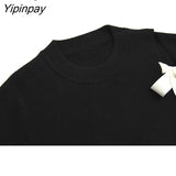 Yipinpay Winter Sweet Bow Black Women Sweater Chic Long Sleeve Bandage Ladies Warm Knit Pullover Korean Style Female Clothing Tops