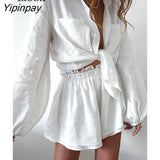 Yipinpay Linen Two Piece Baggy Shirts Set Women Loose Blouse Tops And Shorts High Waist Streetwear 2023 Summer White Outfits Sets