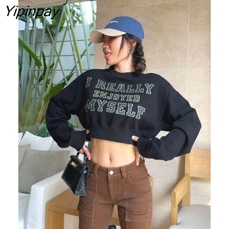 Yipinpay 2023 Winter Hip Hop Letter Print Women Sweatshirt Streetwear Oversize Long Sleeve Ladies Crop Top Hoodies Female Pullover