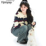 Yipinpay 2023 Winter Y2K Frayed Striped Polo Sweaters Women Sexy Turn Down Collar Long Sleeve Ladies Crop Tops Pullovers Clothing