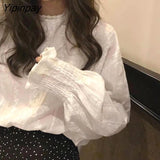 Yipinpay Spring Fashion Korea Style Loose Chiffon Women Blouse Lantern Sleeve Solid Lace White Ladies Shirts O Neck Female Clothing