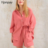 Yipinpay Two Piece Shirt Set Women Loose Blouses Cardigan Tops And Shorts High Waist 2023 Spring Summer Baggy Shirts Outfits Sets
