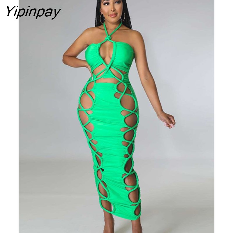Yipinpay Solid Roped Sleeveless Hollow Lace Up Dress Women Pleated Halter Skinny Skirts Female Summer Backless Bodycon Smocked Skirt