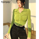 Yipinpay 2023 Spring Sexy Slim Long Sleeve Folds Women Shirt Korea Style Button Up Solid Woman Crop Tops Blouse Female Clothing